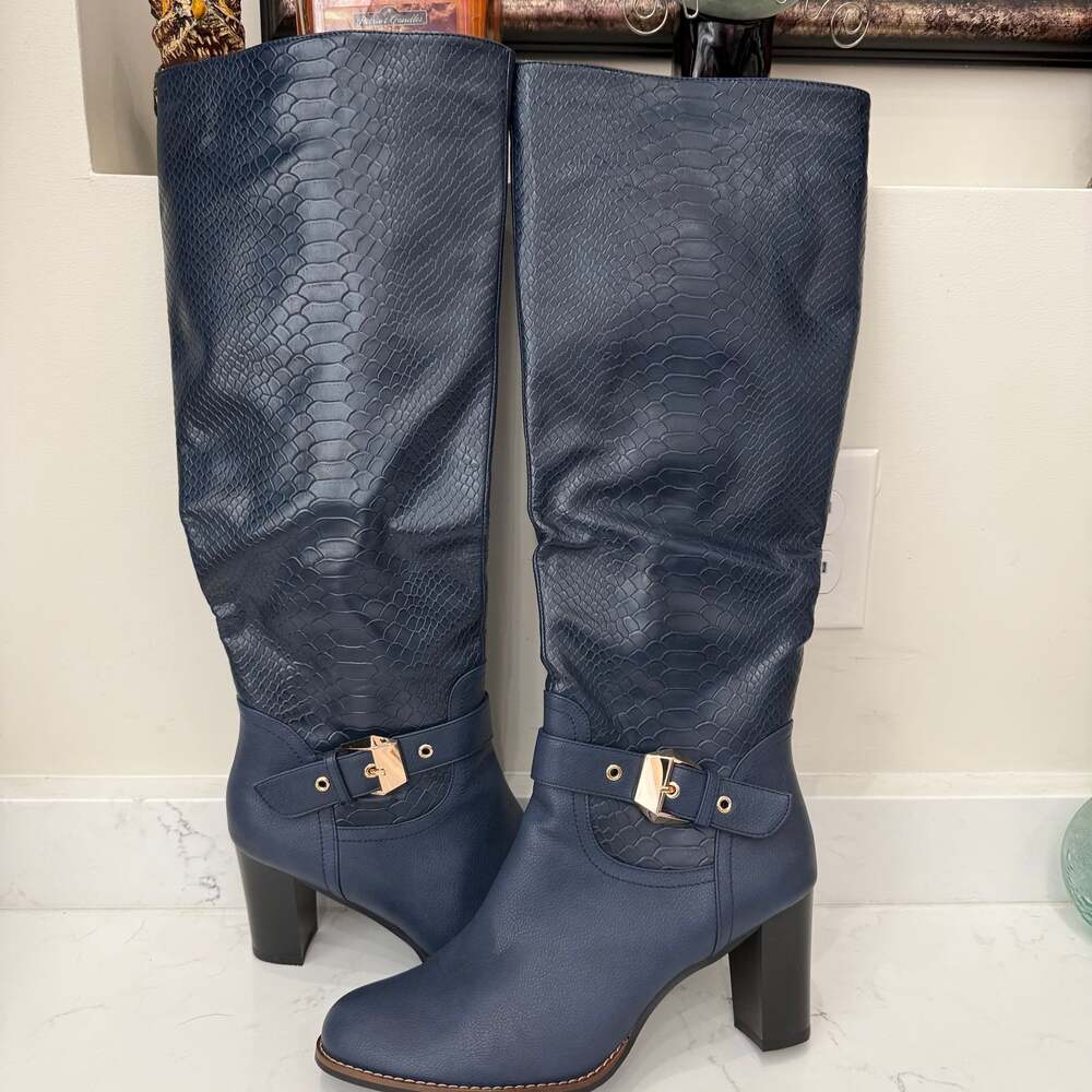 Ann Creek 'Kaunay' Buckle Strap Croc Knee High Boots - Sz. 11M Navy Blue